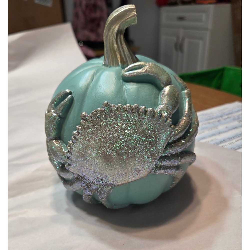 Fancy Th@t Gift & Decor Coastal Resin Pumpkin Teal Silver Glitter Crab 7in